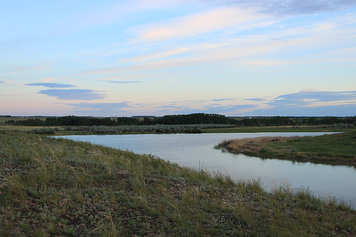 river, landscape, evening, steppe, sky, nature, kazakhstan