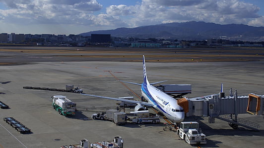japan, blue sky, osaka airport, osaka, airplane, all nippon airways, boeing 777