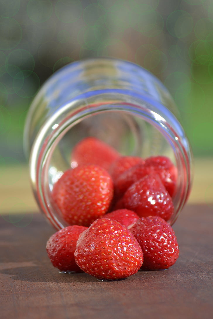 strawberry, jar, outdoors, food, table, fruit, red