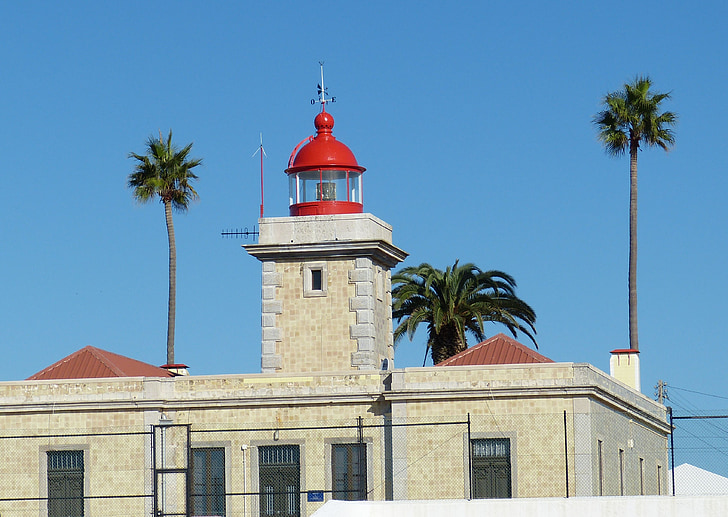 lighthouse, portugal, algarve, light, coast, palm, security