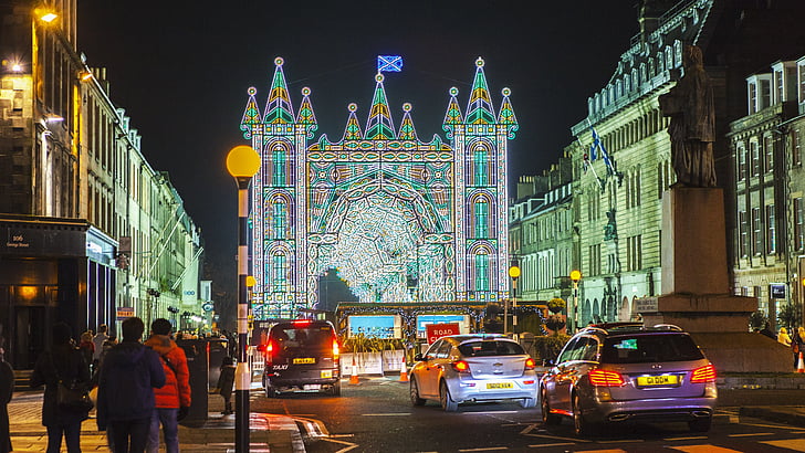 Edinburgh, pasar Natal, Natal, cahaya, pintu, menunjukkan cahaya, lalu lintas