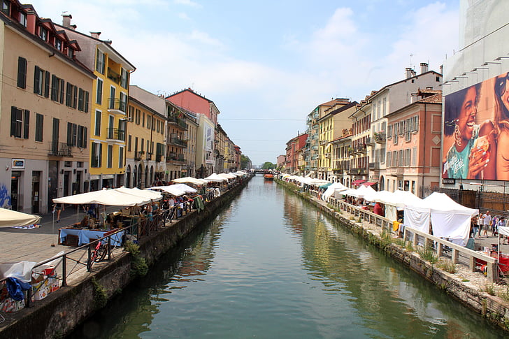 Milánó, Navigli, folyó, éjszakai élet, központ, város, víz