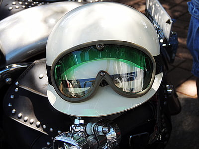 helma na motorku, ochranné brýle, motorka, přilba, Retro, ročník, koníček