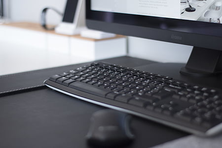 zwart, computer, toetsenbord, voorzijde, draaide, platte, scherm