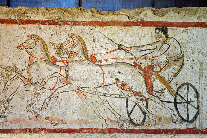 Paestum, Salerno, fresco, tombe van de duiker, strijdwagen, wagenmenner, team van paarden