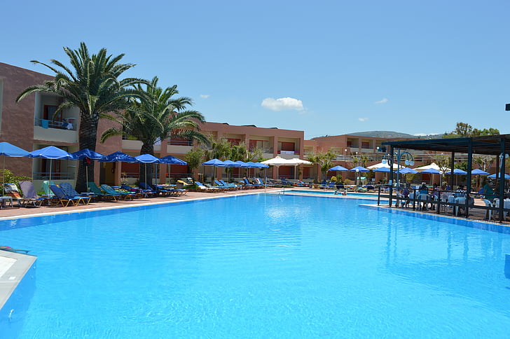 stromy, Hotel, Restaurace, Kréta, plavecký bazén, Řecko