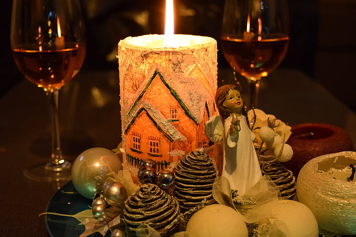 Nadal, adorns, vacances, nit, copes de vi, llum de les espelmes