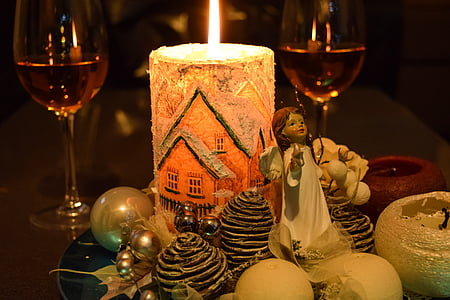 Vánoční, ozdoby, svátek, noční, sklenice na víno, světlo svíček