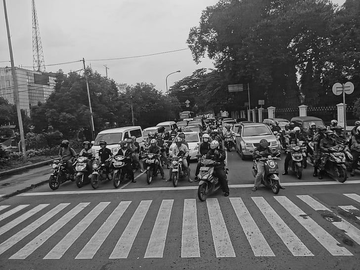black white, motorcycle, people, road