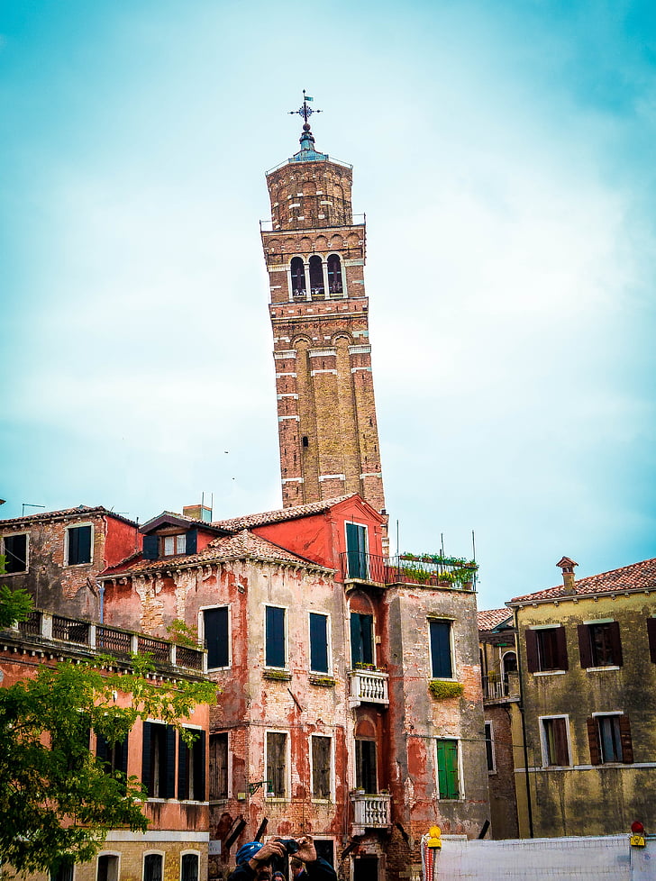 leaning building, church, leaning tower, venice, italy, houses, boats