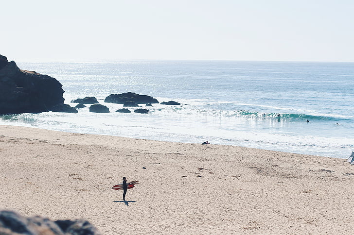 osoba, stoji, morska obala, daska za surfanje, preko dana, plaža, val