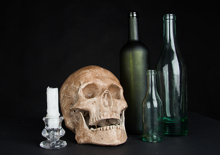 candle, the bottle, skull, composition, glass, light, studio