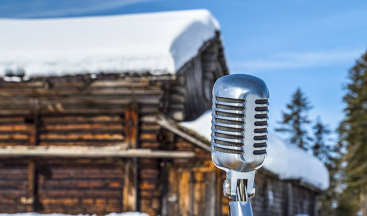 snow, hut, microphone, log cabin