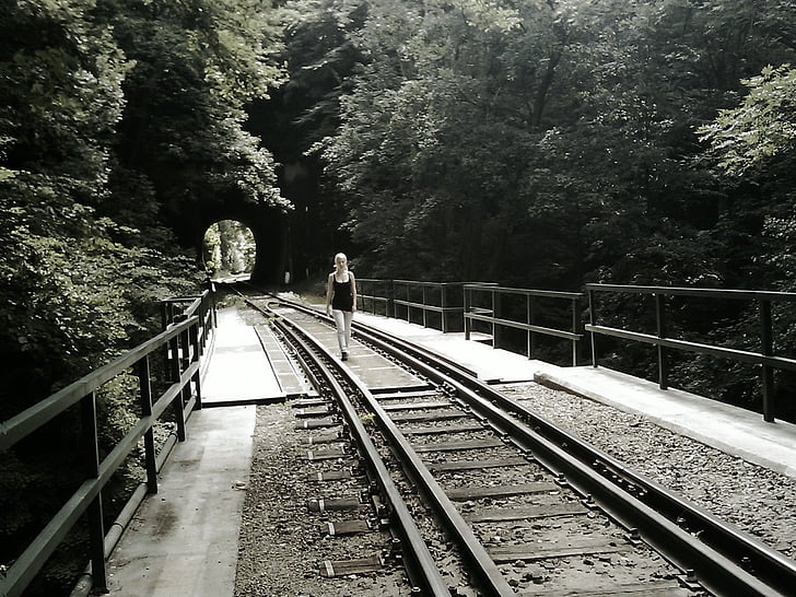 女孩, rails, 火车, 铁路