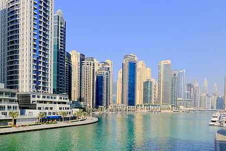 Dubai, hamn, vatten, arkitektur, skyskrapa, bokade, byggnad