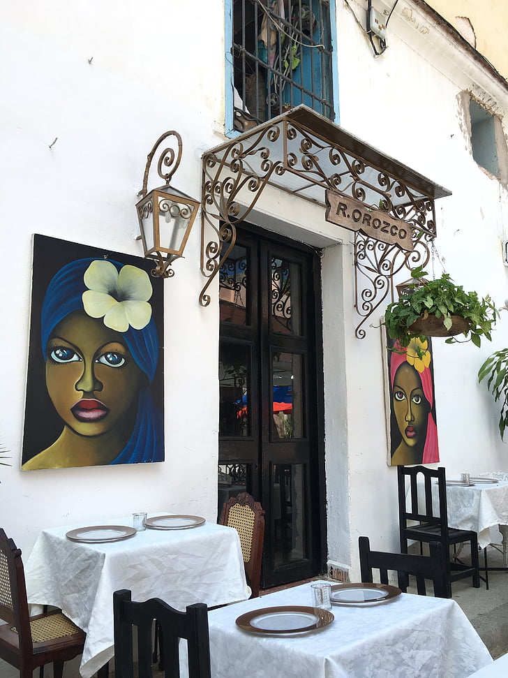 Kuba, Habana, léto, Restaurace, vchod, venku, tabulka