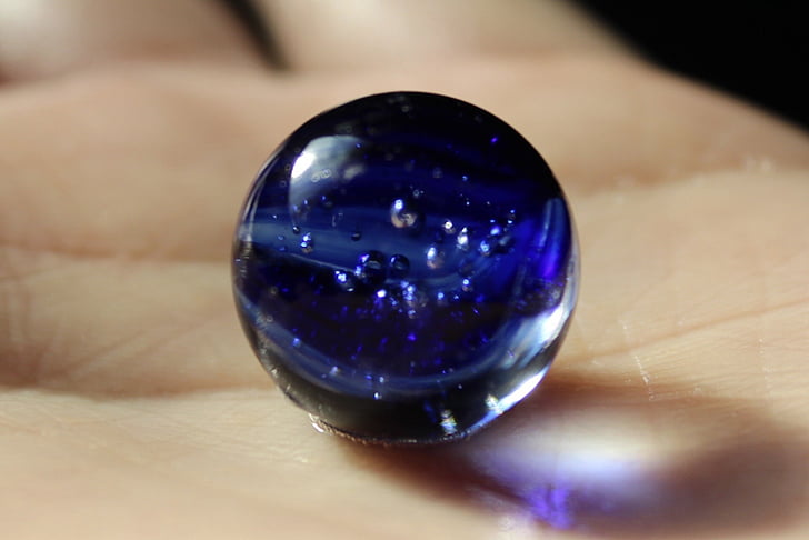 hånd, marbleball, blå