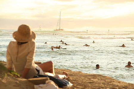 more, plaža, zalazak sunca, na Havajima, Waikiki