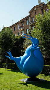 Menas, skulptūra, paukštis, kivi, mėlyna, kamuolys, metalo