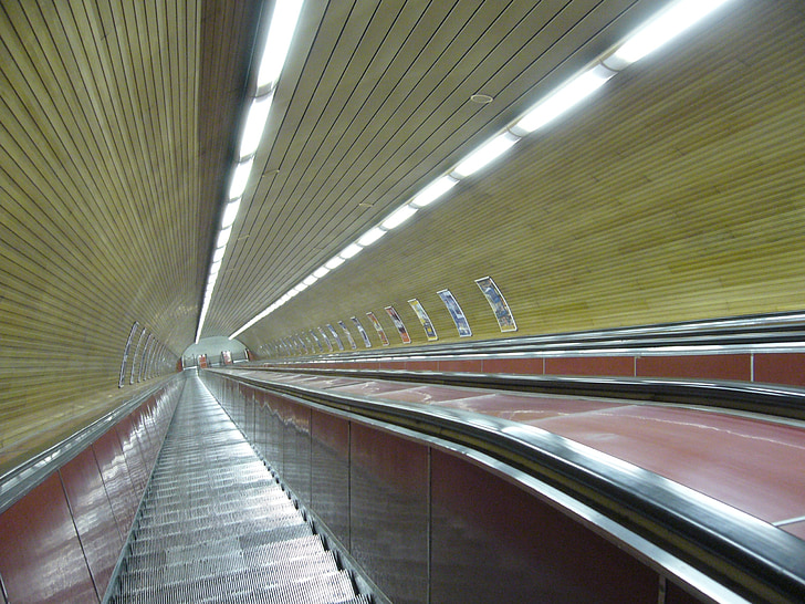 escalator, Prague, Métro, voyage, tunnel, le métro