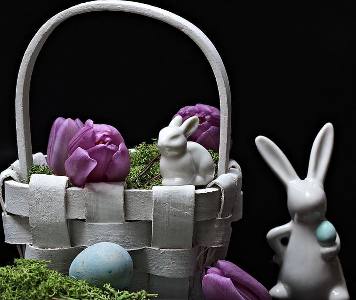 hare, easter bunny, easter, spring, figure, tulips, purple