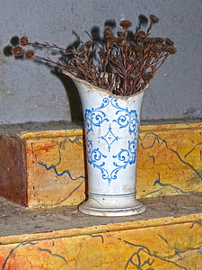 altaret, vas, porslin, torkade blommor, övergiven, symbol, nedläggning