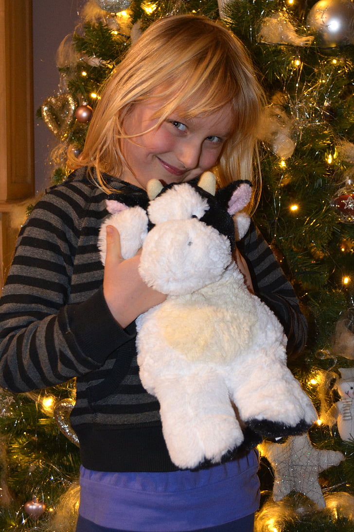 enfant, Christmas, gens, jeune fille, animal en peluche, heureux, vache
