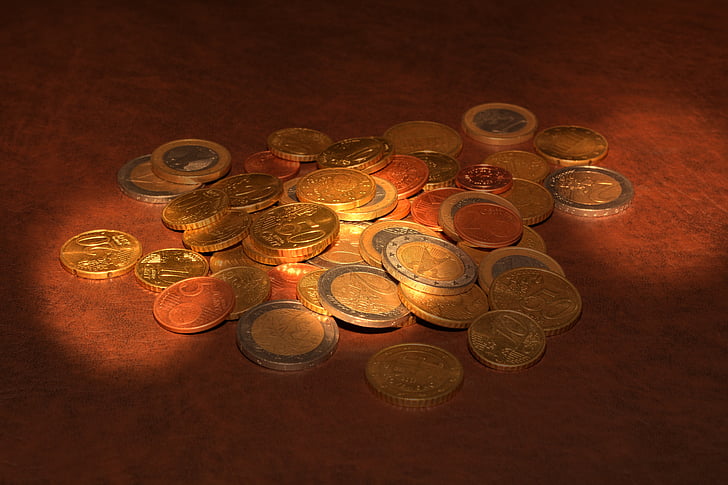 mønter, euro, specie, metal, lys, sollys, belysning
