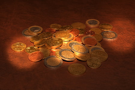 monedas, euros, especie, metal, luz, luz del sol, iluminación