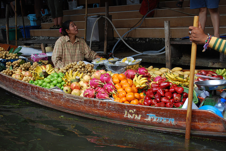 Tailandas, vaisių, kanalas, prekyba, valtys, rinkos, pardavimo