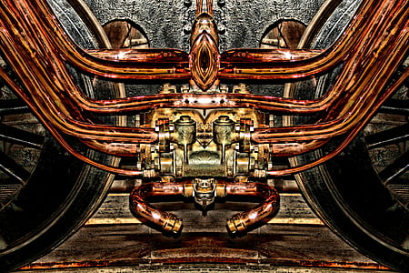 engine, copper, steam engine, train, reflective, wheel, locomotive