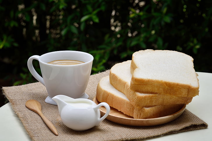 duona, kavos, maisto, pusryčiai, puodelis, ryte, kiaušinių