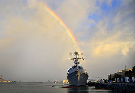 Perl Harboras, Havajai, karo laivas, karinis jūrų laivynas, vaivorykštė, dangus, debesys
