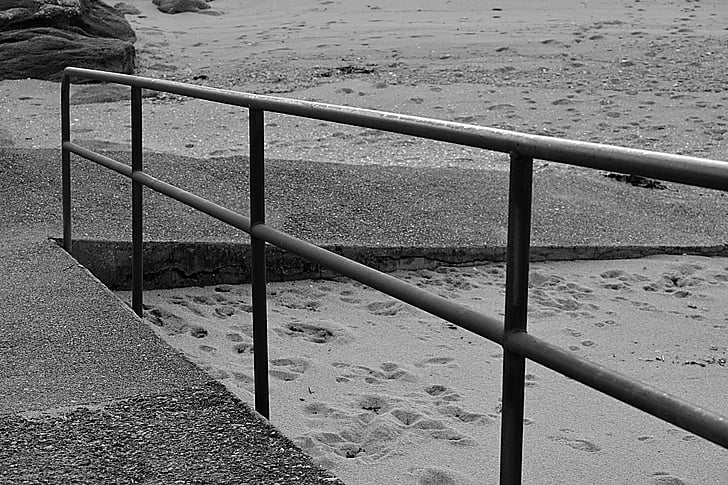 barrier, metal, protection, black and white, sand