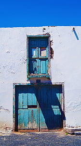 dveře, modrá, obloha, modrá obloha, francouzské dveře, okno, kontrast