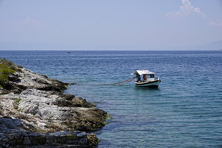 Griekenland, zomer, vissersboot, kust, zee, vis