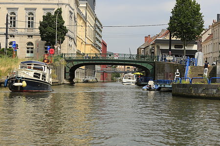 Gent, perahu, Waterway, Belgia, Wisata, tampilan dengan, Calan