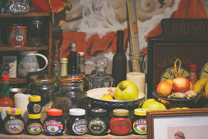 assorted, items, apple, food, ginger root, marmite, pears