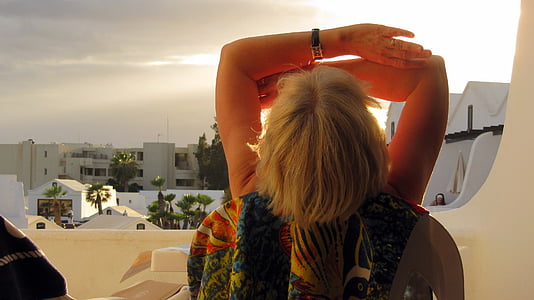 Lanzarote, solen, ferie, kvinne, humør, solnedgangen, kvinner