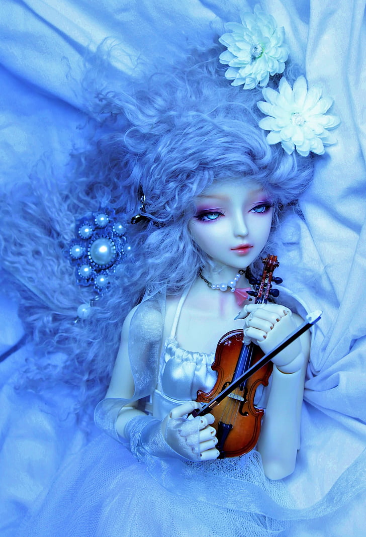 sweetness, doll, violin, blue, flower, white, wallpaper