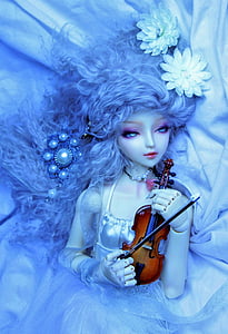 saldumas, lėlės, smuikas, mėlyna, gėlė, balta, ekrano užsklanda