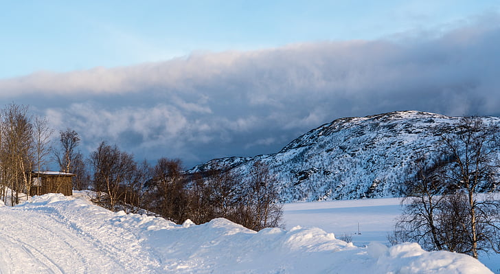 Norvégia, Kirkenes, táj, hegyek, hó, utazás, Sky