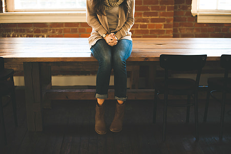 girl, woman, jeans, boots, fashion, wood, table