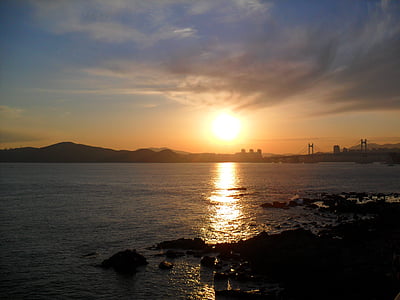 strălucire, mare, apus de soare, cer, când, Busan, Haeundae beach