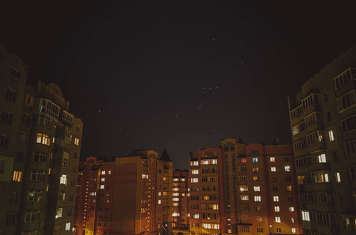 budovy, město, světla, noční, Panorama, hvězdy, městský