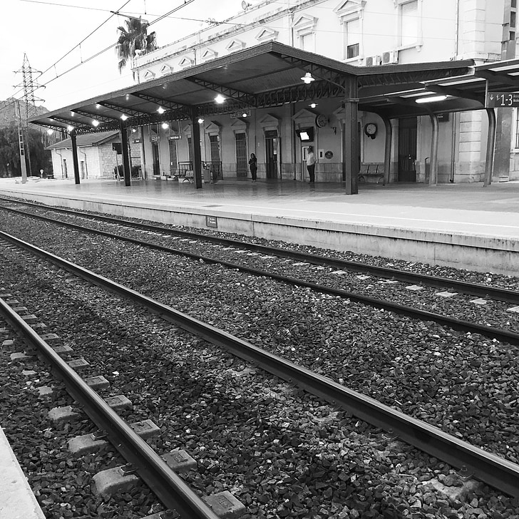 jernbanestasjon, svart-hvitt, reise, jernbane, stasjon, reise, jernbanen
