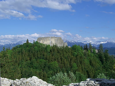 linnan rauniot, hohenfreyberg, Eisenberg, Allgäu, panoraamanäköalalla vuoristoon, taivas, sininen