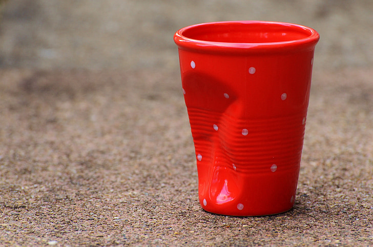 coffee mugs, crumpled, ceramic, funny, red, drink, coffee