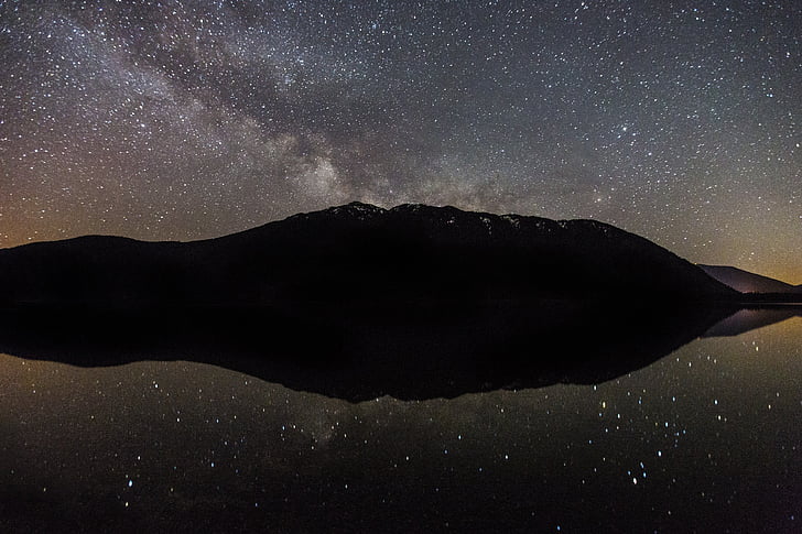 schilderachtige, sterren, Lake, water, reflectie, silhouetten, nacht