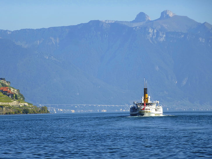 tó, Svájc, táj, víz, a Genfi-tó, komp, csónak
